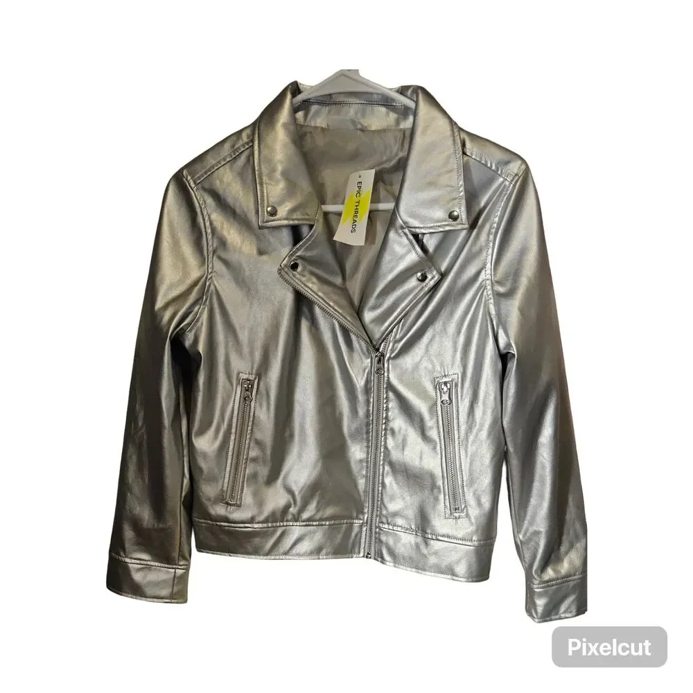 Epic Threads Girls Size 14/16 Faux Leather Silver Metallic Moto Jacket NWT